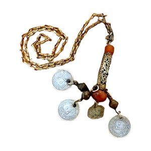 Women's Antique Ottoman WWI Amber Bakelite Necklace Gold Coin Arab Turkey Coins